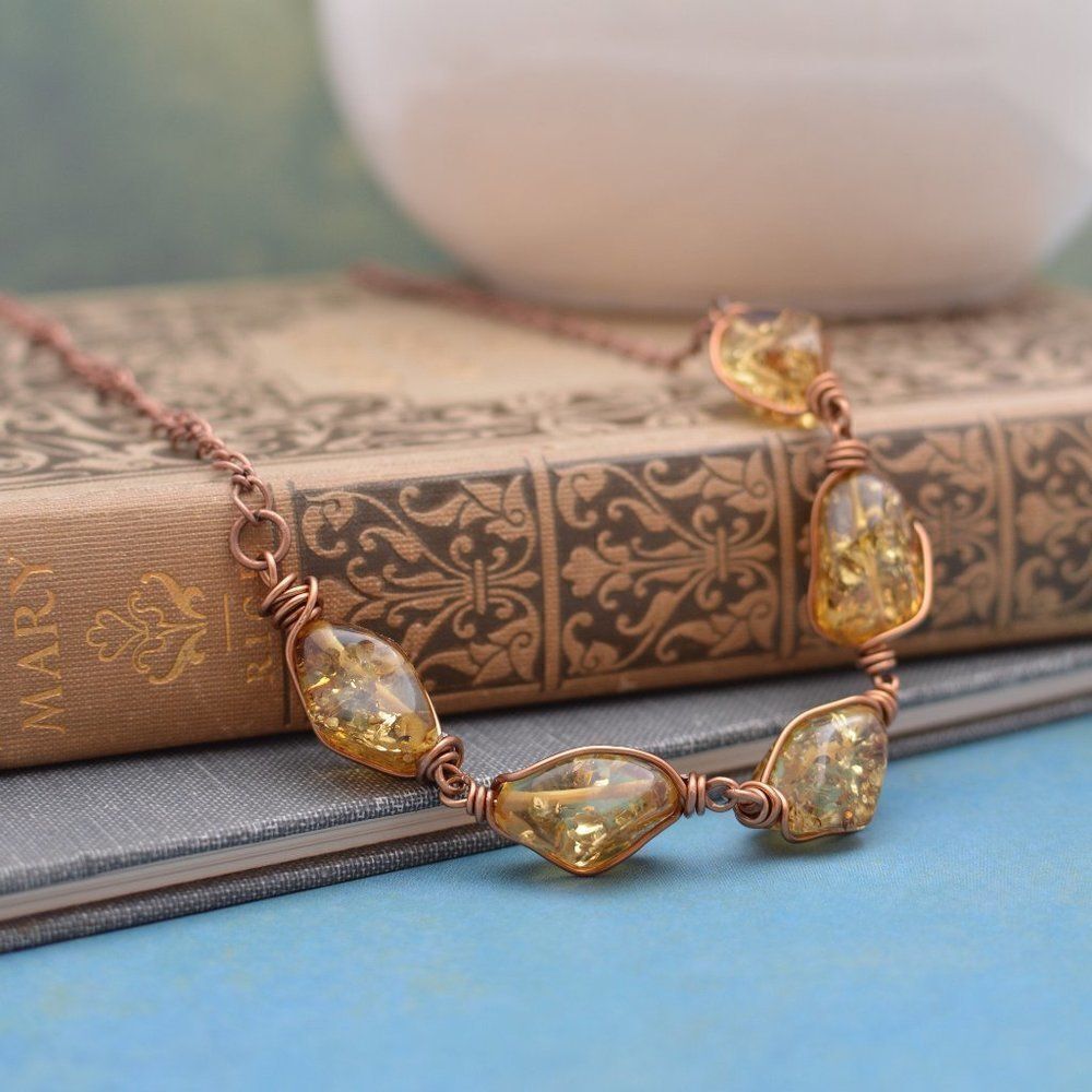 Wire Wrapped Amber Nugget  Necklace